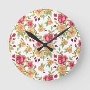 Horloge Ronde Motif de roses rouges et jaunes et de boutons de r
