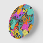 Horloge Ronde Motif de silhouettes animales rétro (Angle)