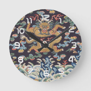 Horloge Ronde Motif de soie orientale Dragon chinois vintage