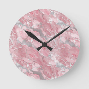 Horloge Ronde Motif de type marbre rose pâle et argent