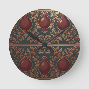 Horloge Ronde Motif de vigne de grenade vert foncé orné or