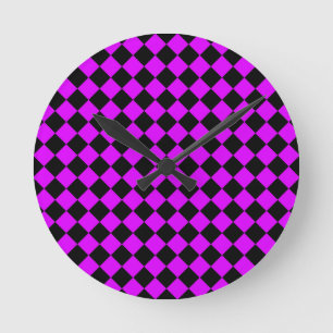 Horloge Ronde Motif diamant à carreaux noir et violet