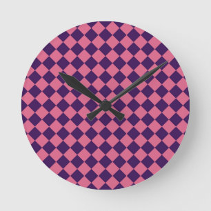 Horloge Ronde Motif diamant à carreaux rose violet