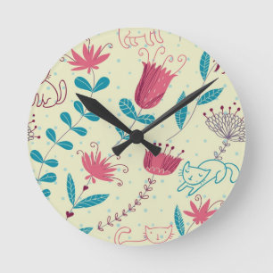 Horloge Ronde Motif floral avec des chats de bande dessinée