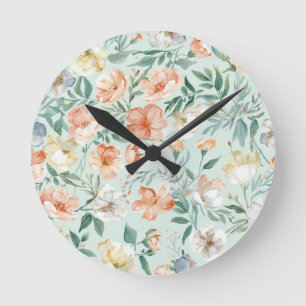 Horloge Ronde Motif floral bleu aquarelle Prairie de fleurs sauv
