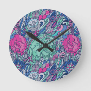 Horloge Ronde Motif floral coloré de griffonnage