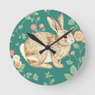 Horloge Ronde Motif floral de lapin mignon sarcelle