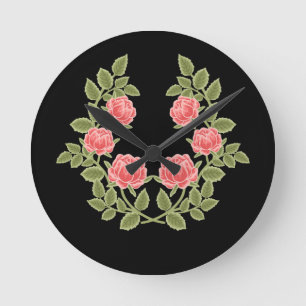 Horloge Ronde Motif floral de roses rose poussiéré vintage - Rom