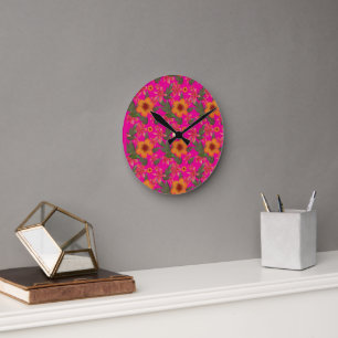 Horloge Ronde Motif floral sans couture Fleurs rouges Botanique 