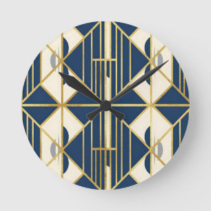 Horloge Ronde Motif géométrique Art Déco Navy et Or