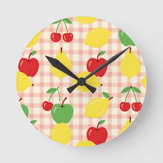 Horloge Ronde Motif Gingham de Fruits Mignons (Recto)