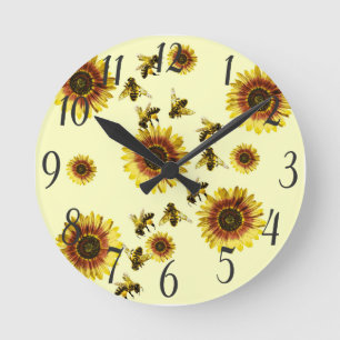 Horloge Ronde Motif jaune d'été de tournesols et d'abeilles de