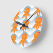 Horloge Ronde Motif Octopus Orange Et Vagues Bleues (Angle)