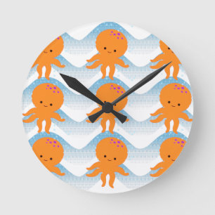 Horloge Ronde Motif Octopus Orange Et Vagues Bleues
