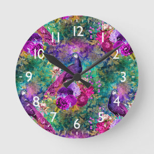Horloge Ronde Motif paon illustré vibrant