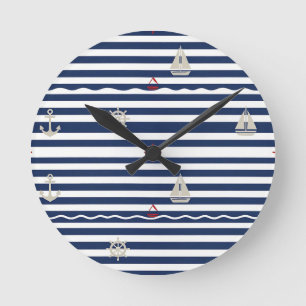 Horloge Ronde Motif rayure voilier ancre nautique