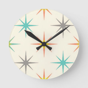 Horloge Ronde Motif Rétro Starburst Milieu de Siècle