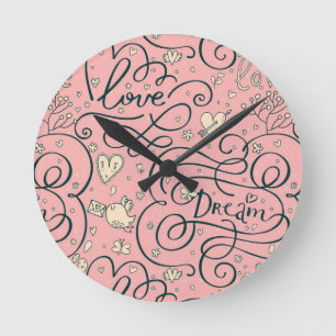 Horloge Ronde Motif romantique avec des coeurs et des oiseaux