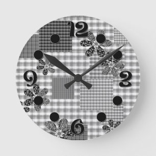 Horloge Ronde Motif rustique en patchwork noir et blanc rétro