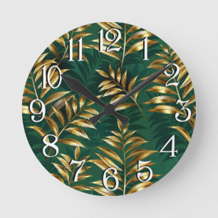 Horloge Ronde Motif sans couture avec fougères dorées