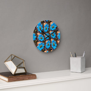 Horloge Ronde Motif Sky Blue Flowers