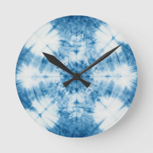 Horloge Ronde Motif Tie & Dye Shibori Bleu Indigo