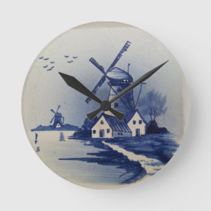 Horloge Ronde Moulin à vent bleu blanc Delft antique