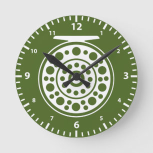 Horloge Ronde Moulinet de pêche à la mouche en silhouette blanch