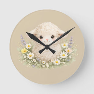 Horloge Ronde Moutons Fantaisistes et Fleurs Sauvages pour un Ch