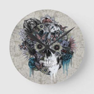 Horloge Ronde Muet, damassé de crâne de tournesol