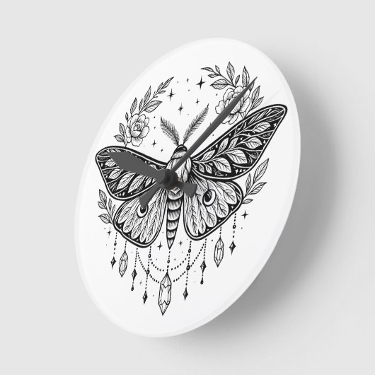 Horloge Ronde Mystical Gothic Moth Botanical Celestial Line Art (Angle)