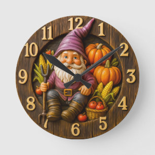 Horloge Ronde Nain de récolte avec rustique citrouille
