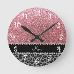 Horloge Ronde Name pastel pink glitter black leopard