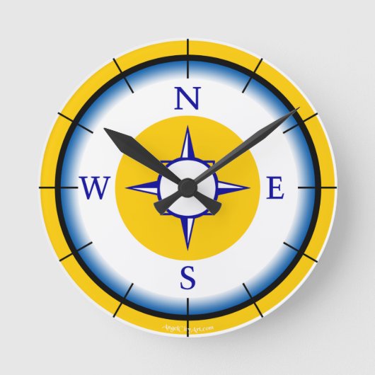 Horloge Ronde Nautical Compas Blue, White, Gold Wall Clock (Recto)