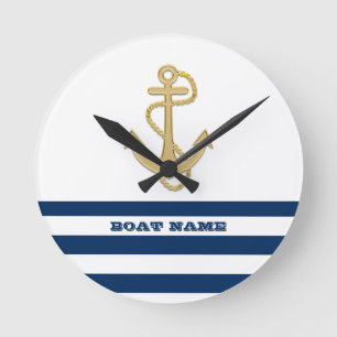 Horloge Ronde Nautique, Ancre d'Or Bleu Marine Rayures Blanches