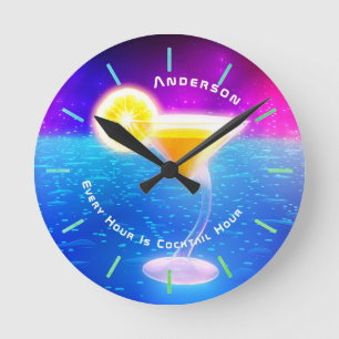 Horloge Ronde Neon COCKTAIL Hour Tropical Personnalisé Mur