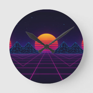 Horloge Ronde Neon Sunset Grid - Rétro-Futuriste Synthwave Stic