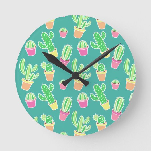 Horloge Ronde Neon Watercolor Cactus In Pot Pattern (Recto)