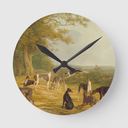 Horloge Ronde Neuf Gryhounds dans un paysage (huile sur toile) (Recto)