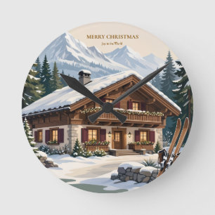 Horloge Ronde Noël alpin européen - Hiver enneigé de montagne