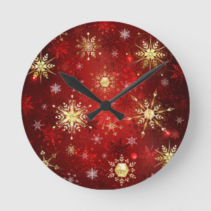 Horloge Ronde Noël Golden Snowflakes sur Arrière - plan rouge
