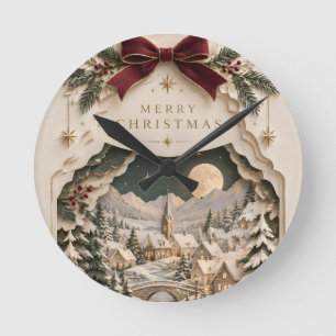 Horloge Ronde Noël Papercut Élégant ,Fête hivernale en couches