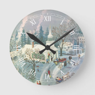 Horloge Ronde Noël vintage, gens allant à l'église dans la neige