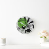 Horloge Ronde Noir Abstrait et blanc avec art fractal vert (Maison)