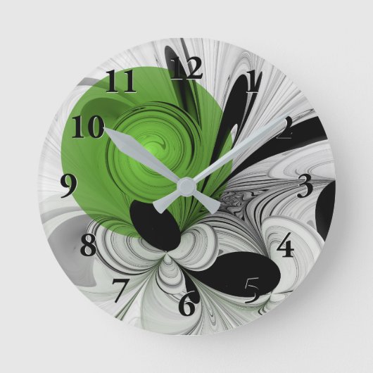 Horloge Ronde Noir Abstrait et blanc avec art fractal vert (Recto)