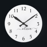 Horloge Ronde Noir Blanc moderne Script Girl Monogramme Nom<br><div class="desc">Black and White Simple Script Monogram Clock. This makes the perfect sweet 16 birthday,  wedding,  bridal shower,  anniversary,  baby shower or bachelorette party gift for someone that loves glam luxury and chic styles.</div>