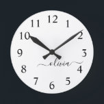 Horloge Ronde Noir Blanc moderne Script Girl Monogramme Nom<br><div class="desc">Black and White Simple Script Monogram Clock. This makes the perfect sweet 16 birthday,  wedding,  bridal shower,  anniversary,  baby shower or bachelorette party gift for someone that loves glam luxury and chic styles.</div>