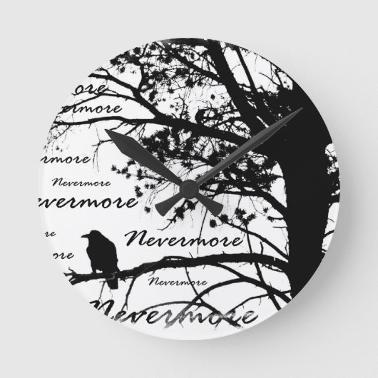 Horloge Ronde Noir et blanc Nevermore Raven Silhouette (Recto)