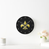Horloge Ronde Noir/or Damask Fleur de Lis (Maison)