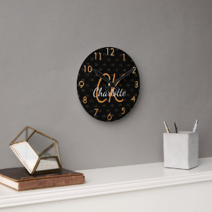 Horloge Ronde Noir or monogramme initiales nom script élégant